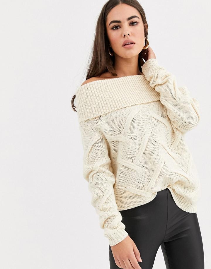 Vila Off Shoulder Cable Knit Sweater-beige