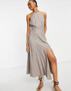 French Connection Due Drape Maxi Dress In Walnut Gray-grey