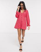 Asos Design Long Sleeve Tea Romper In Red Floral Print-multi