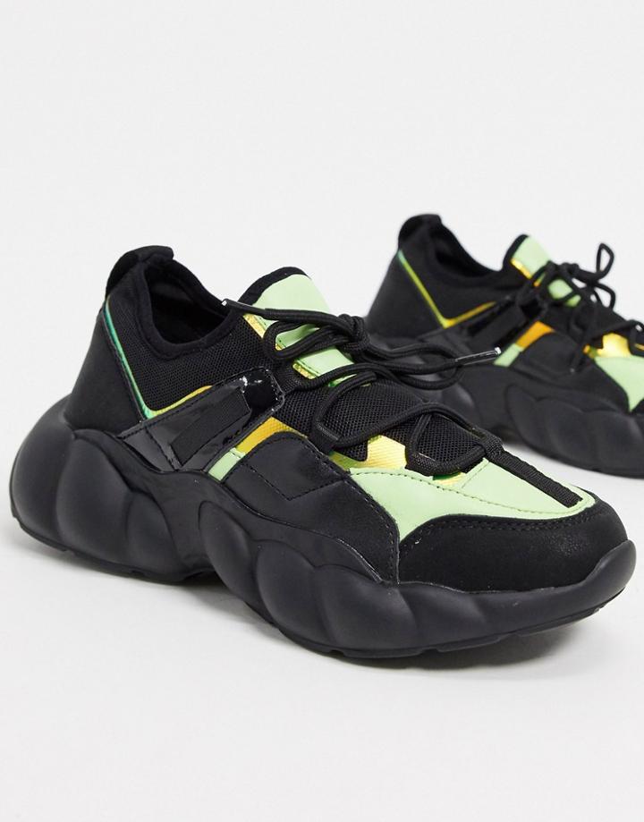 Asos Design Dougie Chunky Lace Up Sneakers In Black/ Green