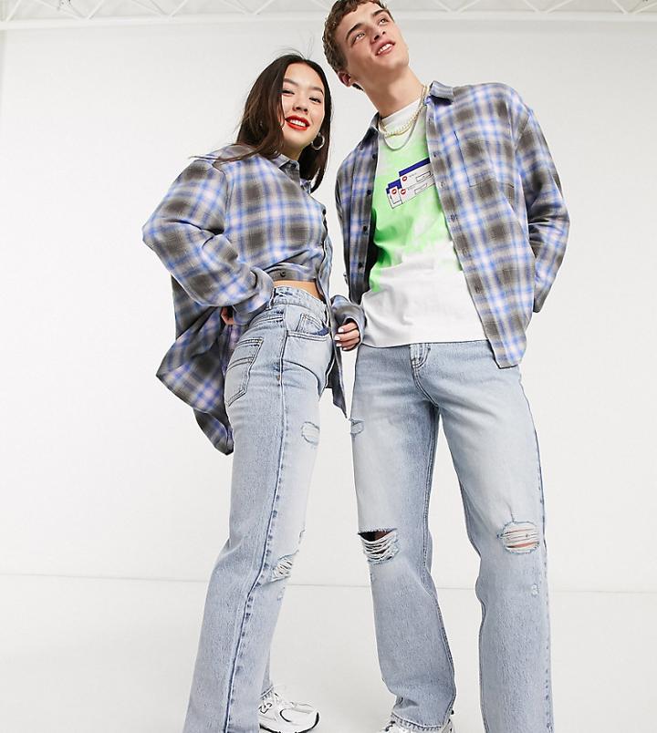 Collusion X000 Unisex Ripped 90s Straight Leg Jeans In Stonewash Blue-blues