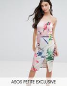 Asos Petite Clean Bandeau Midi Dress In Palm And Stripe Splice Print - Multi