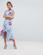 Miss Selfridge Floral Print Ruffle Shoulder Midi Dress - Blue