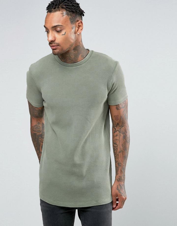 Asos Longline Muscle T-shirt In Waffle Fabric With Bleach Wash In Khaki - Green