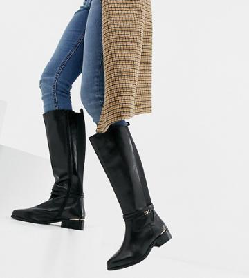 Dune Wide Fit Traviss Black Leather Riding Flat Boots - Black