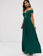 Asos Design Lace And Pleat Bardot Maxi Dress - Green