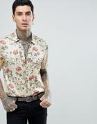 Asos Design Regular Fit Satin Viscose Shirt With Floral Design In Ecru - Beige