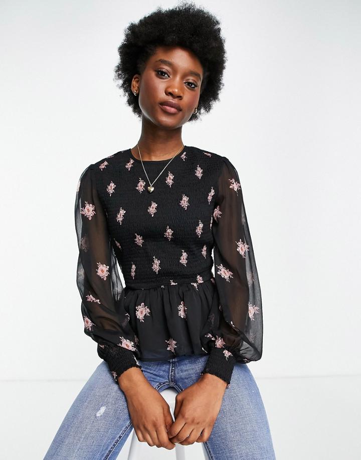 Miss Selfridge Shirred Blouse In Floral Print-black