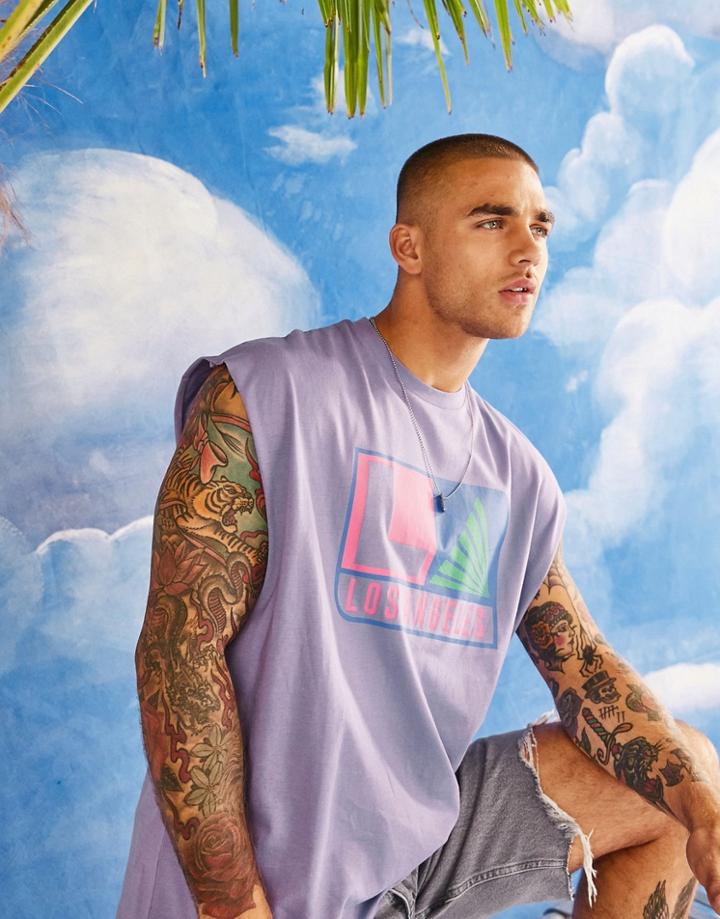 Asos Design Oversized Tank Top In Purple With Los Angeles City Print