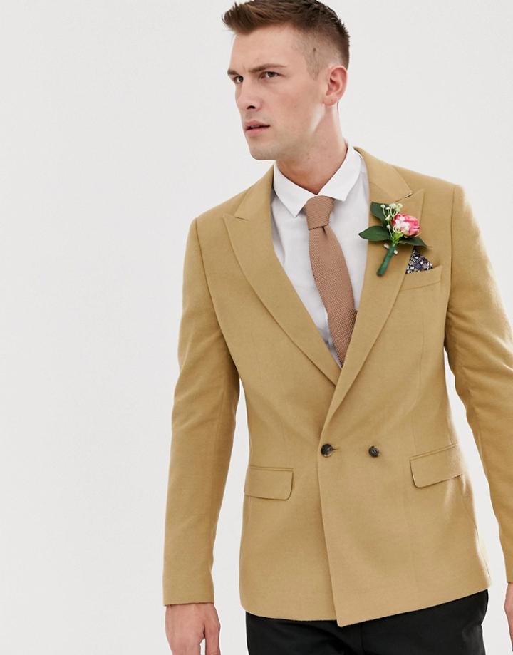 Asos Design Wedding Melange Skinny Double Breasted Blazer In Camel-beige
