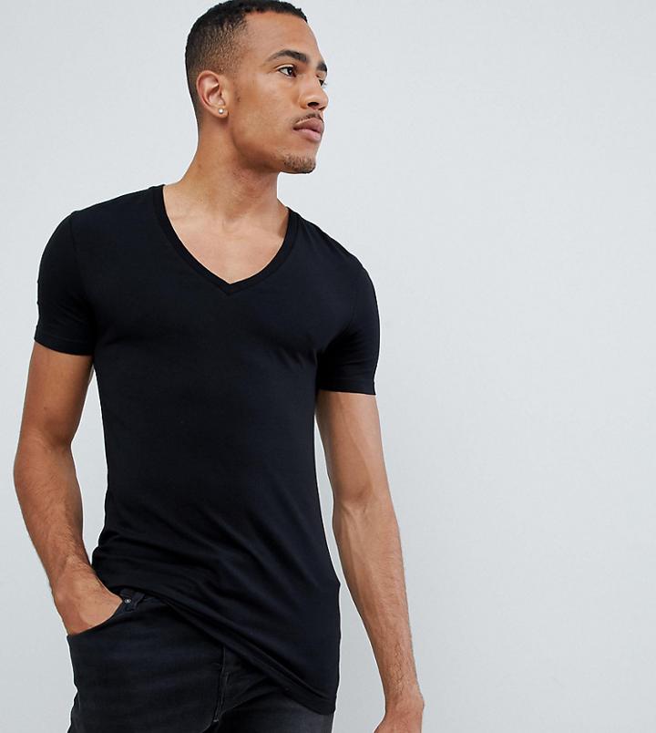 Asos Design Tall T-shirt With Deep V Neck In Black - Black