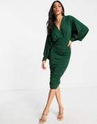 Ax Paris Plunge Front Ruched Midi Body-conscious Dress In Green