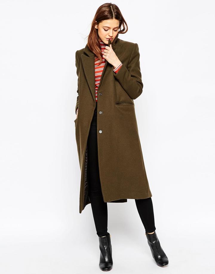 Asos Petite Coat In Midi Length - Khaki