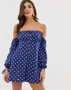 Asos Design Off Shoulder Romper With Button Front In Spot - Multi