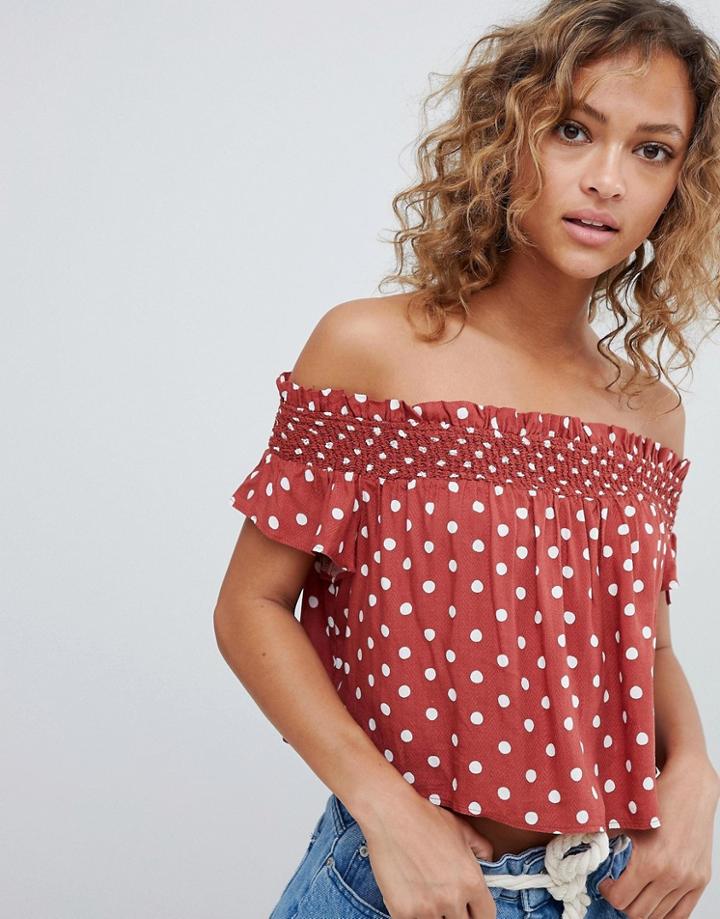 Pull & Bear Polka Dot Off Shoulder Top In Rust - Red