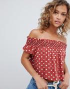 Pull & Bear Polka Dot Off Shoulder Top In Rust - Red