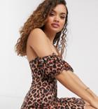 Missguided Petite Puff Sleeve Bardot Mini Dress In Leopard Print-multi