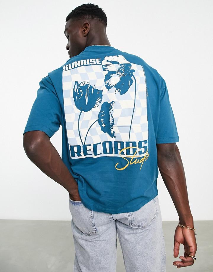 Asos Design Oversized T-shirt In Deep Blue With Photographic Rose And Checkerboard Back Print-green