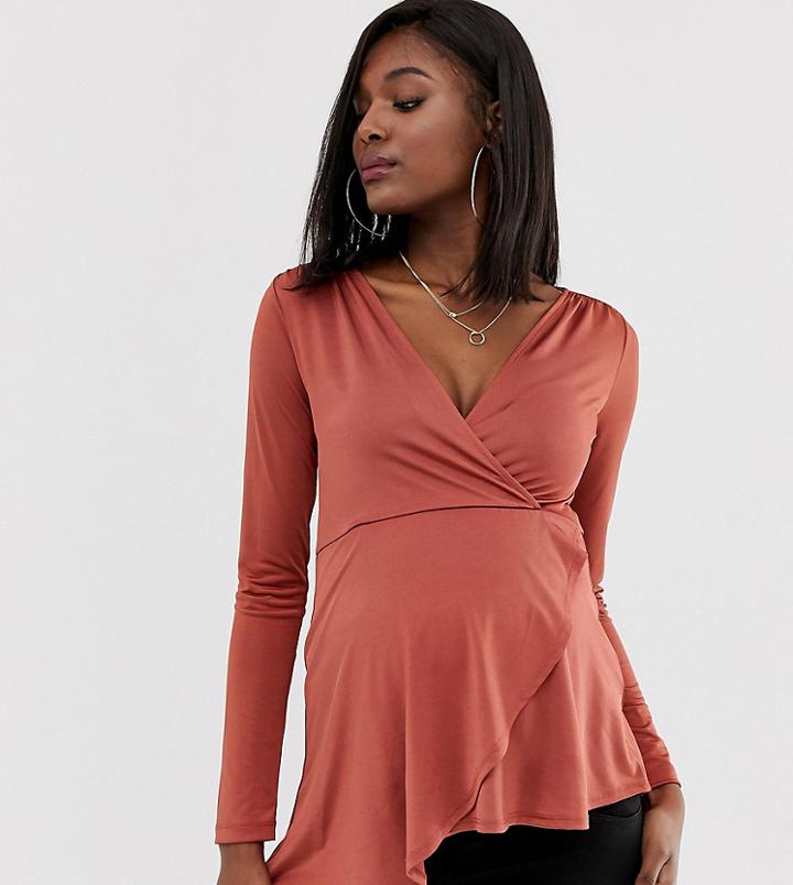 Asos Design Maternity Wrap Top With Asymmetric Hem In Slinky Fabric - Orange