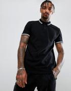 Asos Tipping Collar And Cuff Pique Polo Shirt In Black - Black