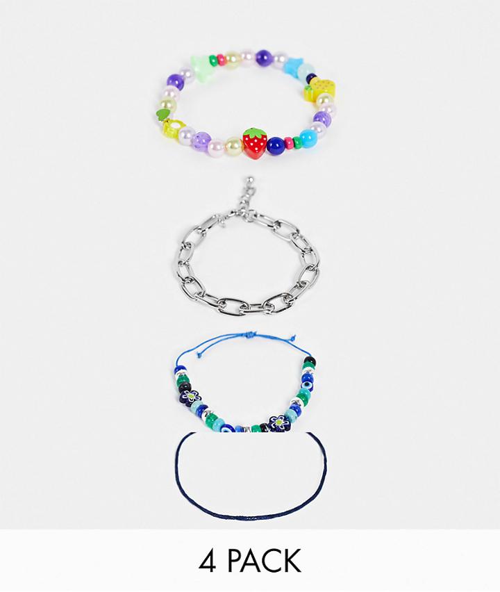 Asos Design 4 Pack Joyful Bracelets With Mixed Beaded Charms And Chains In Blue-blues