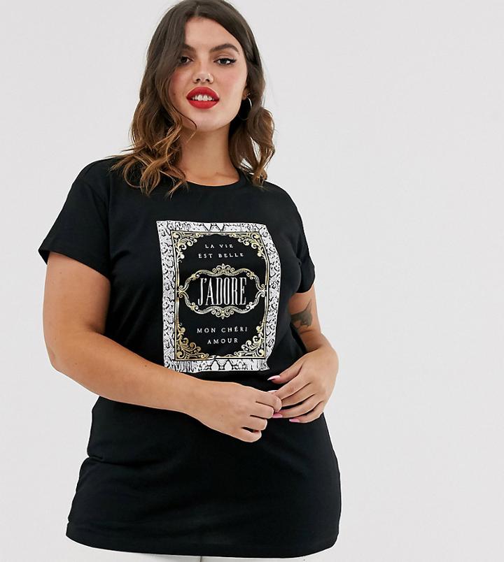 New Look Curve Slogan Longline Tee In Black