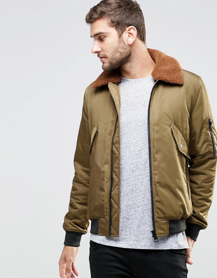 Asos Bomber Jacket With Fleece Collar In Khaki - Green