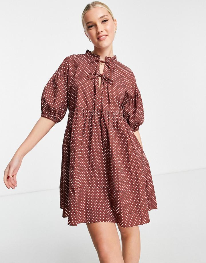 Influence Cotton Poplin Mini Dress In Brown Polka Dot