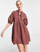 Influence Cotton Poplin Mini Dress In Brown Polka Dot
