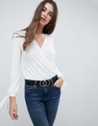 Asos Long Sleeve Tie Cuff Wrap Daywear Body - Cream