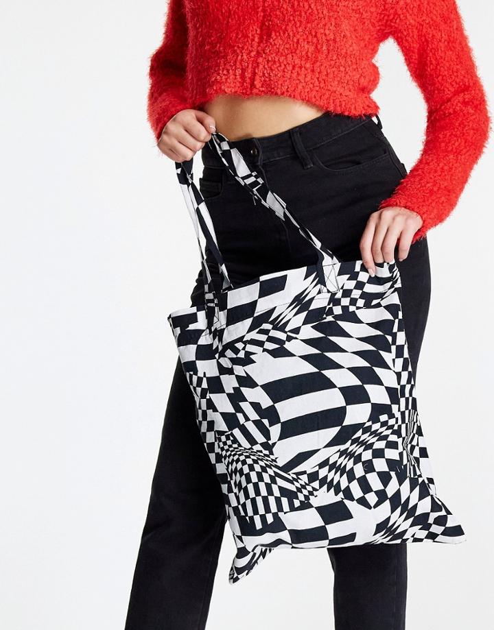 Asos Design Cotton Shopper Bag In Warped Mono Checkerboard-multi