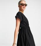 Asos Design Tall Cotton Poplin Gathered Waist Mini Dress In Black