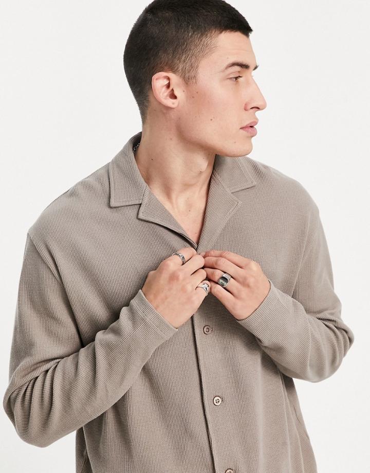 Asos Design Long Sleeve Waffle Jersey Shirt In Dark Beige-brown