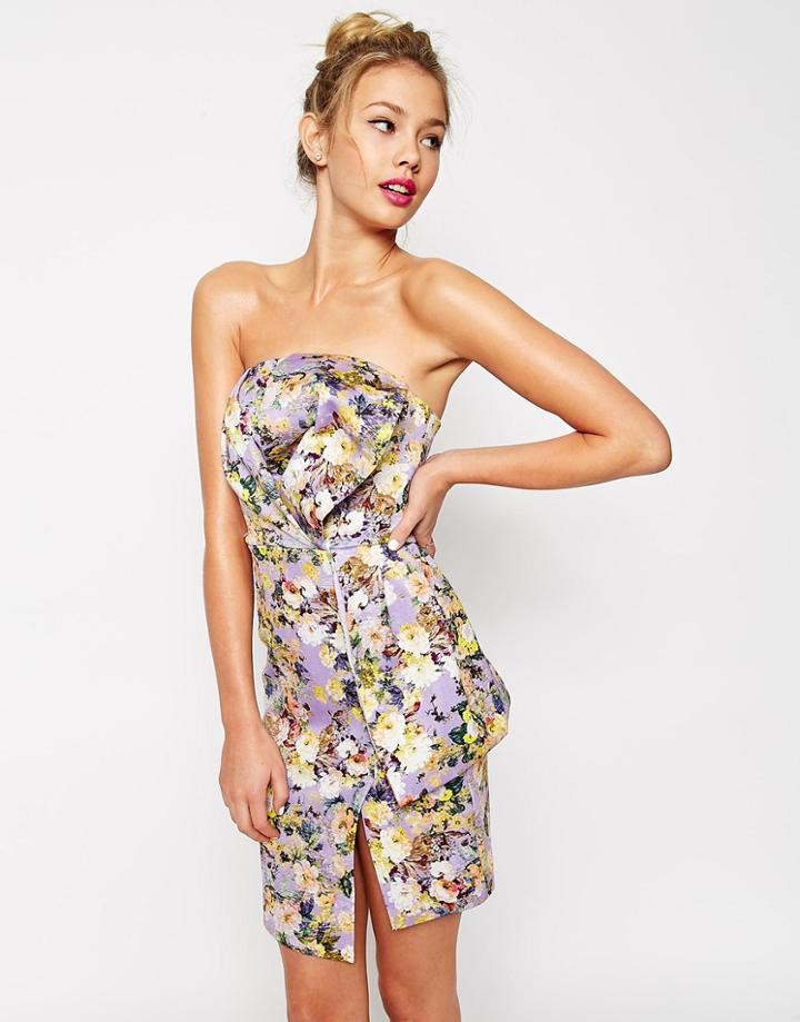 Asos Floral Origami Bow Bandeau Dress - Multi