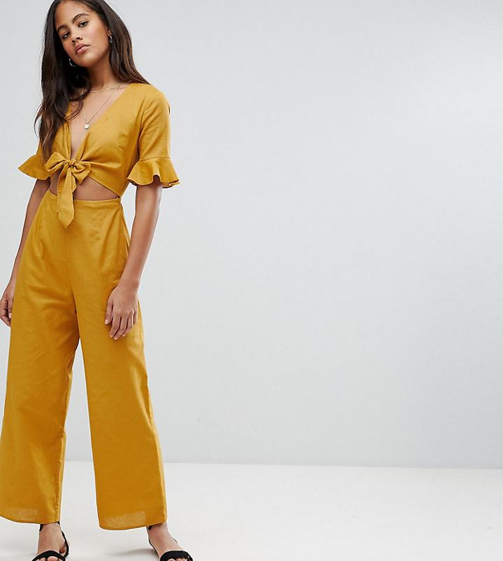 Asos Design Tall Tea Jumpsuit With Cut Out And Tie Detail In Linen - Yellow