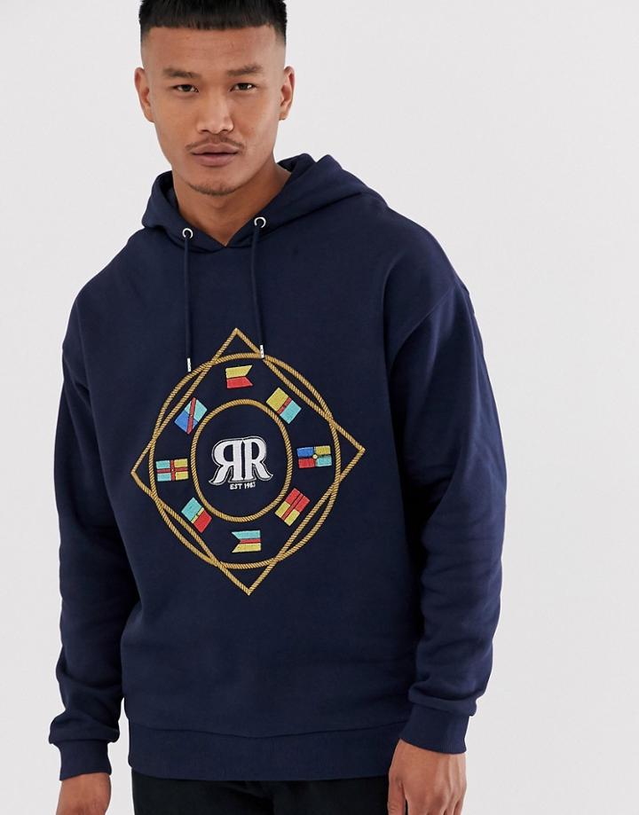 Asos Design Oversized Hoodie With Flag Embroidery Chest Print - Blue