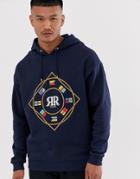 Asos Design Oversized Hoodie With Flag Embroidery Chest Print - Blue