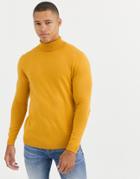 Asos Design Cotton Roll Neck Sweater In Mustard-yellow