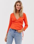 Jdy Ribbed Wrap Cropped Top - Red