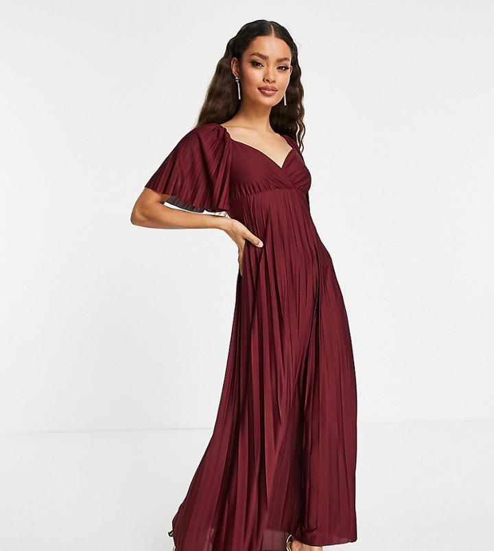 Asos Design Petite Pleated Twist Back Cap Sleeve Maxi Dress In Red