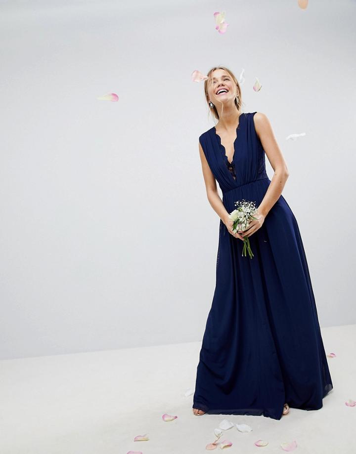 Asos Design Maxi Dress With Lace Insert-navy