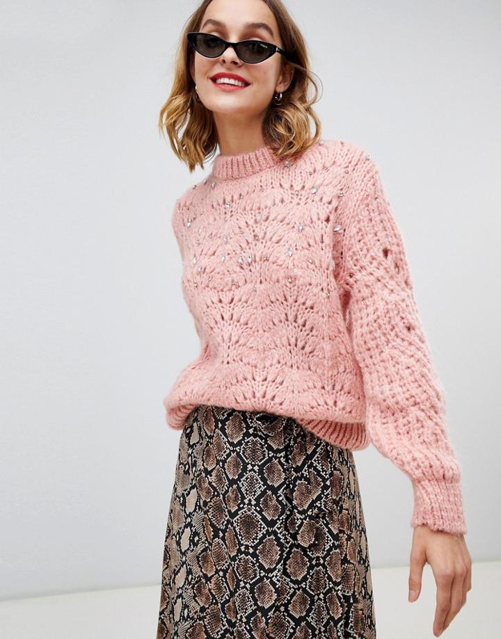 River Island Embellished Stitch Sweater In Pink