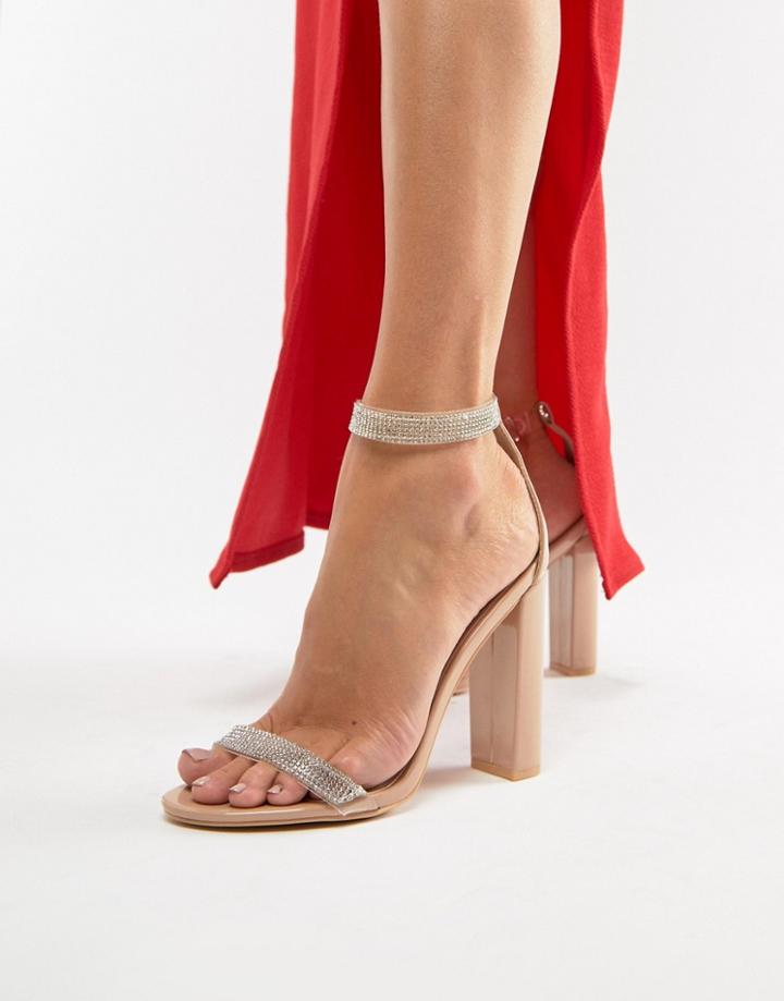 Simmi London Nude Rhinestone Clear Detail Block Heeled Sandals - Beige