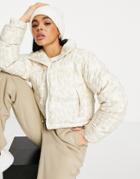 The North Face Nuptse Cropped Leopard Print Jacket In White