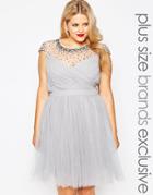 Little Mistress Plus Tulle Prom Dress With Embellished Sheer Detail - Gray