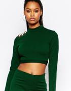 City Goddess High Neck Crop Top With Button Detail - Green