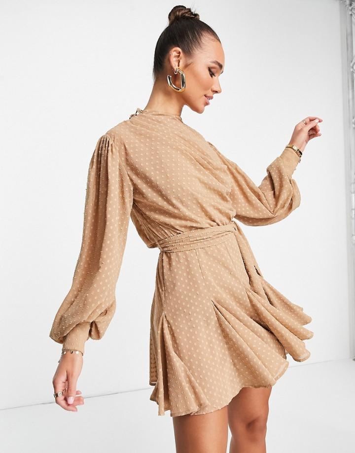 Asos Design High Neck Pleated Mini Dress With Godet Detail In Stone-brown