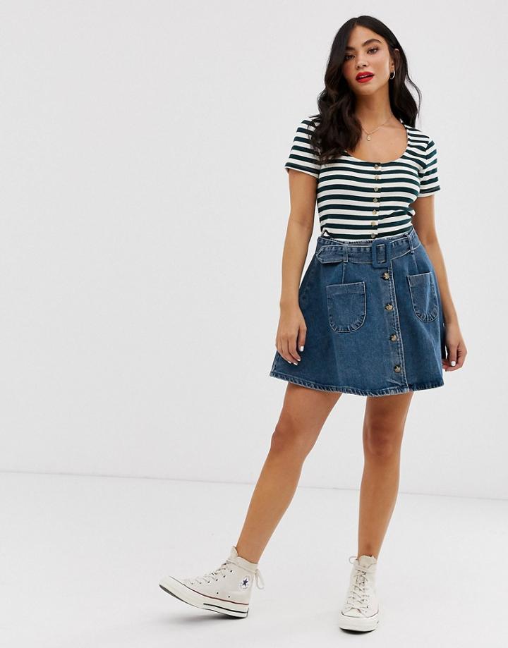 Asos Design Denim Skater Skirt With Belt And Buttons - Blue