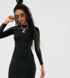 One Above Another High Neck Bodycon Dress With Neon Piping - Black