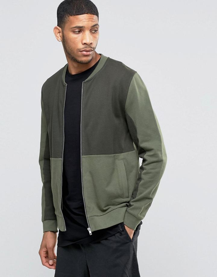 Asos Jersey Bomber Jacket With Cut & Sew In Khaki - Green